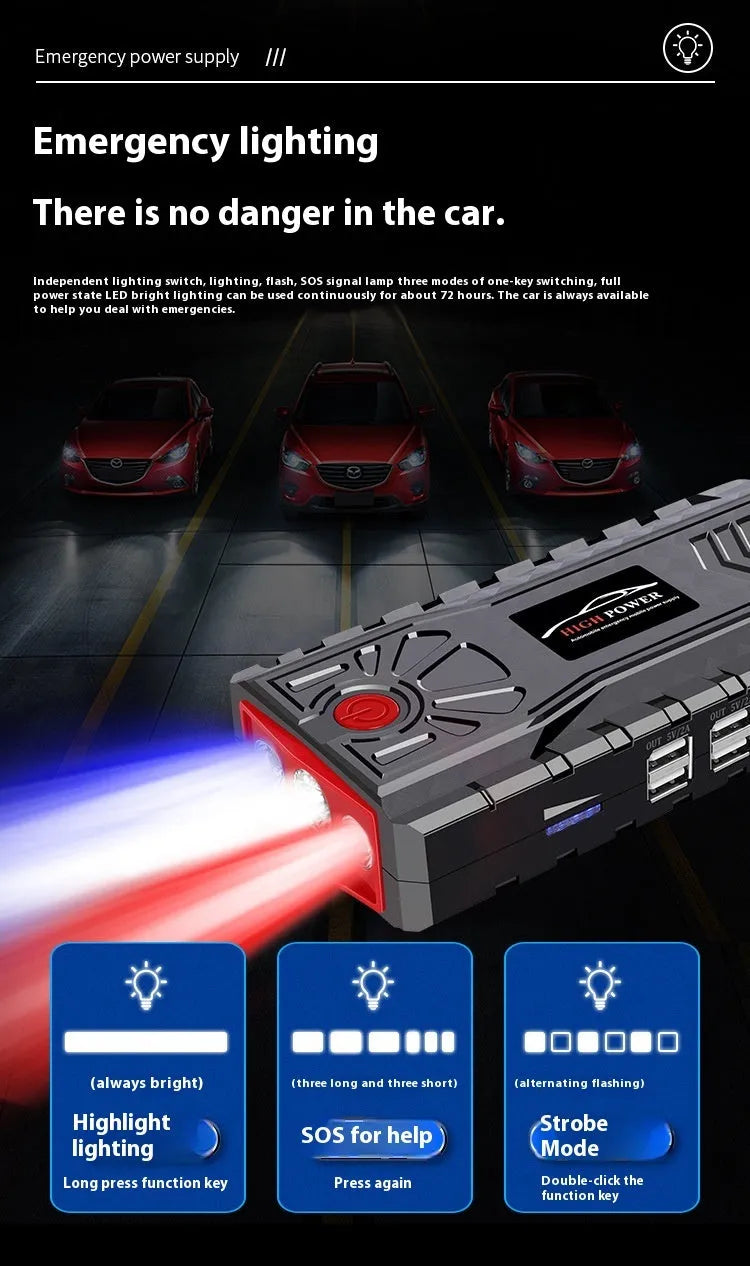 Portable automobile emergency jump starter in ABS toolbox with LED flashlight