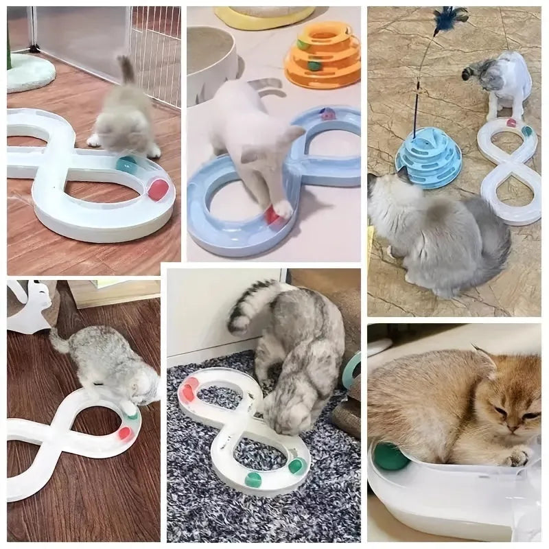 Multipack of four cat toys including a blue turntable track, a ball, and a teasing stick.