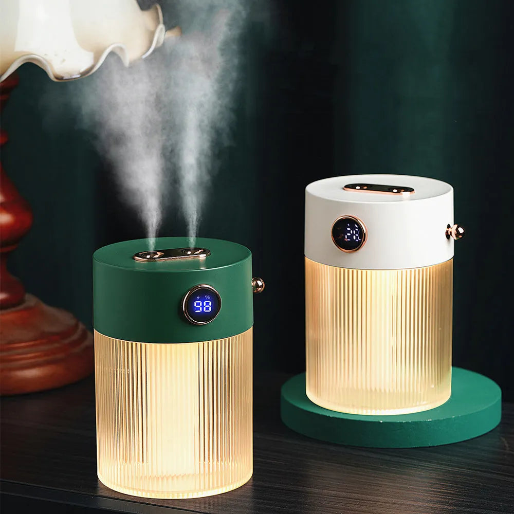 Double spray humidifier in white and green, rechargeable with 4000mAh battery, portable cool mist for home office