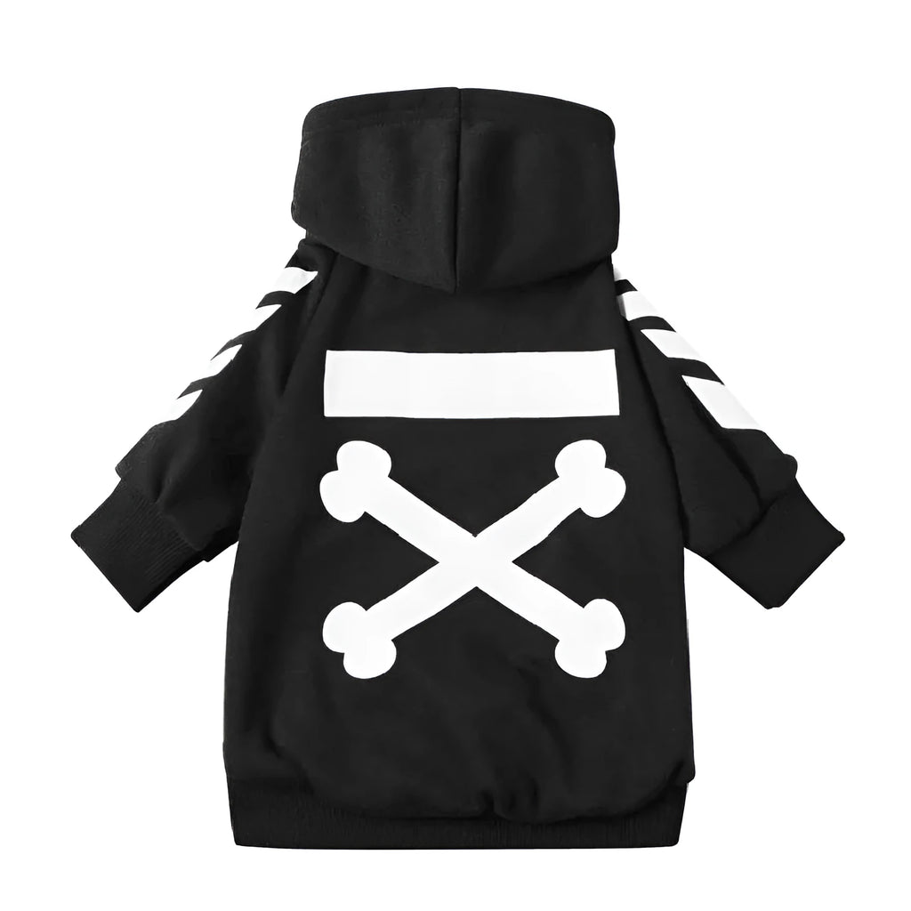 Winter dog jacket with hood, casual pet coat in black, side view on a dog