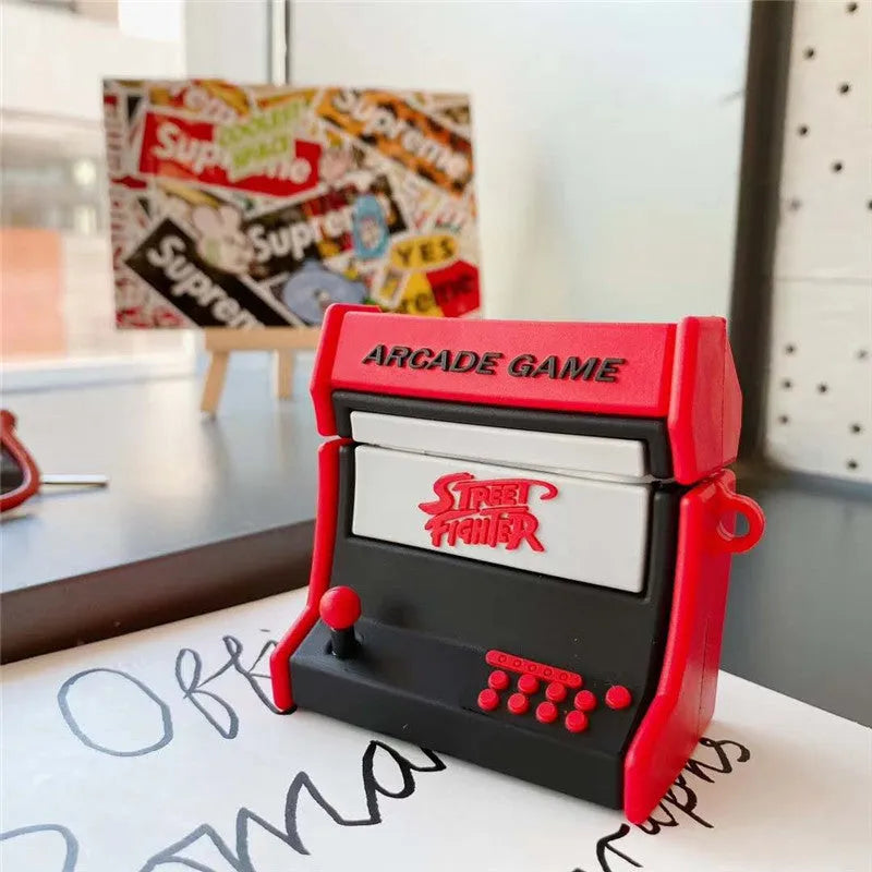 Red arcade game console silicone protective case on Airpods charging case