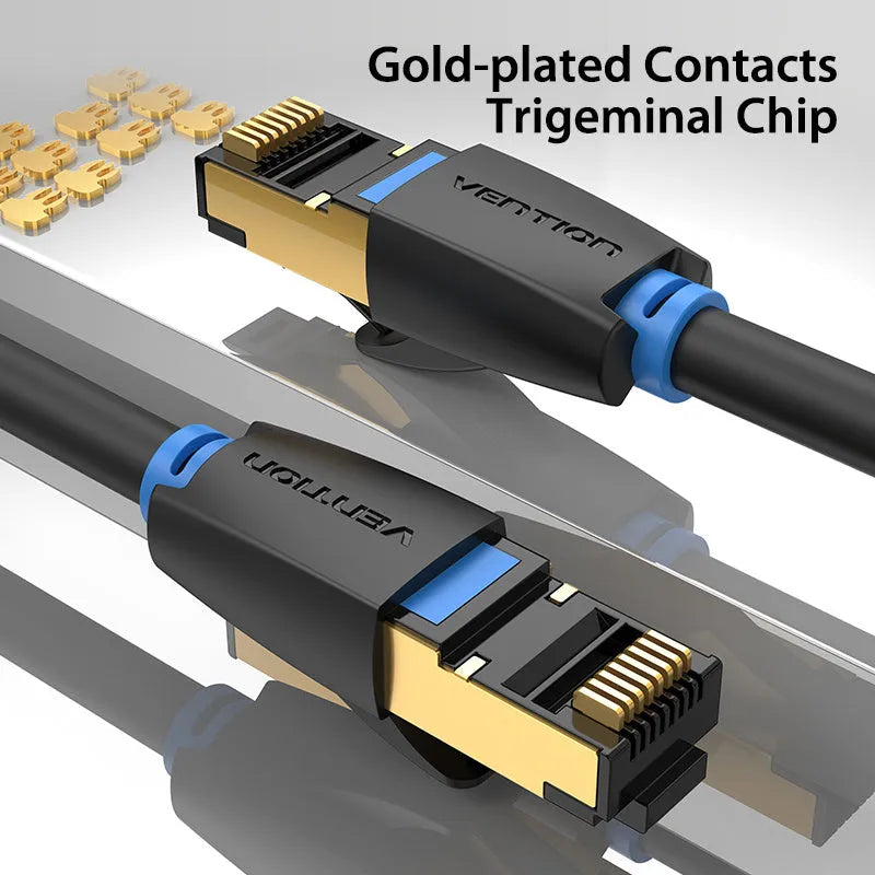 CAT8 10G high-speed Ethernet network cable showing flat and round style options with RJ45 plug.