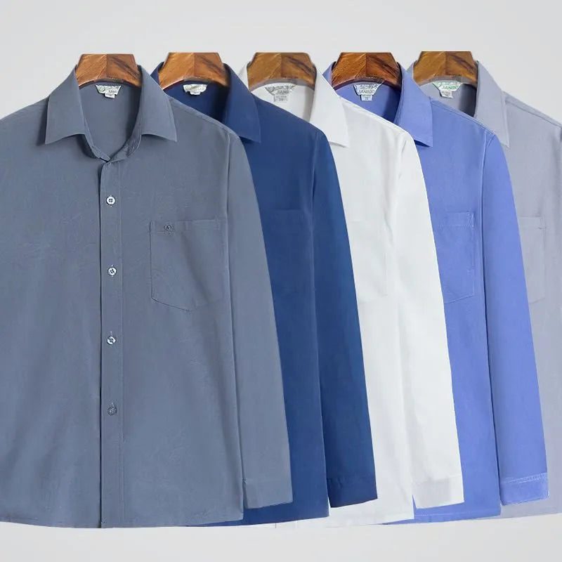 Men's loose casual long sleeve shirt in solid colour, polyester cardigan style, available in dark blue, dark gray, gray, light blue, light gray, white.