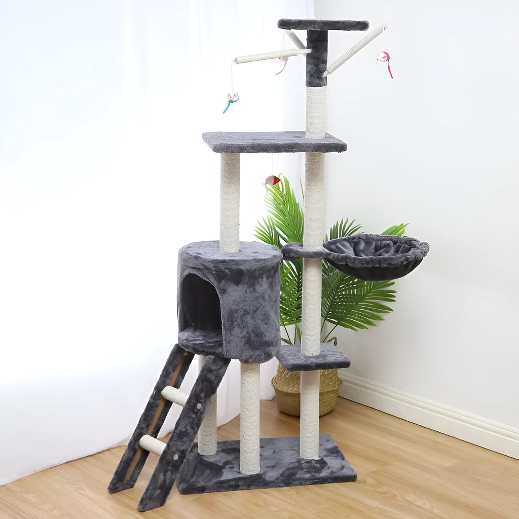 Cat Climber Cat House 140cm multi-level tower with sisal scratching posts in beige and grey colour options.