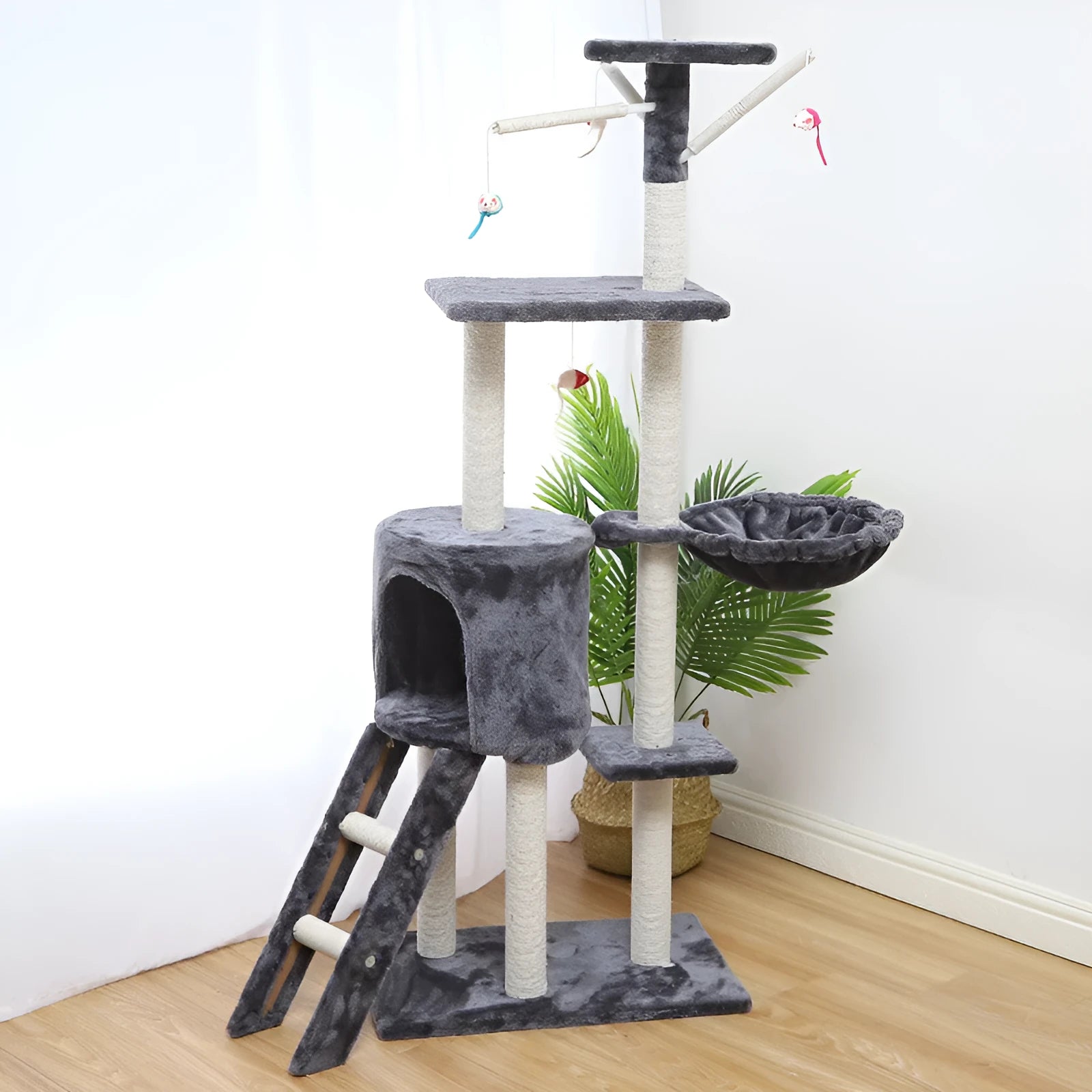 Cat Climber Cat House 140cm multi-level tower with sisal scratching posts in beige and grey colour options.