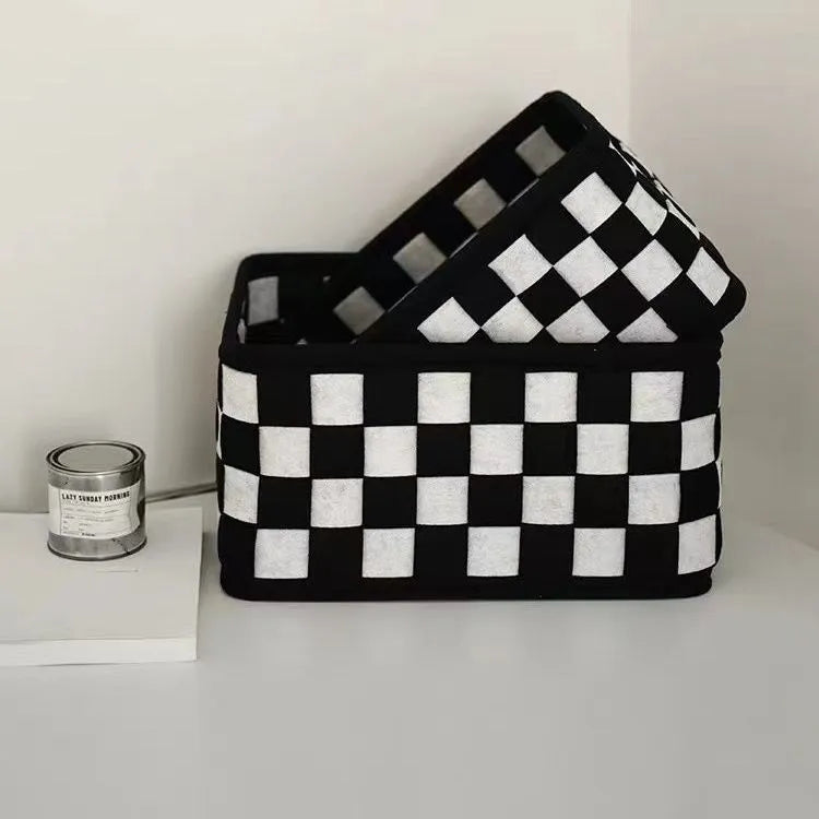 Grey checkerboard woven felt storage basket with folding design