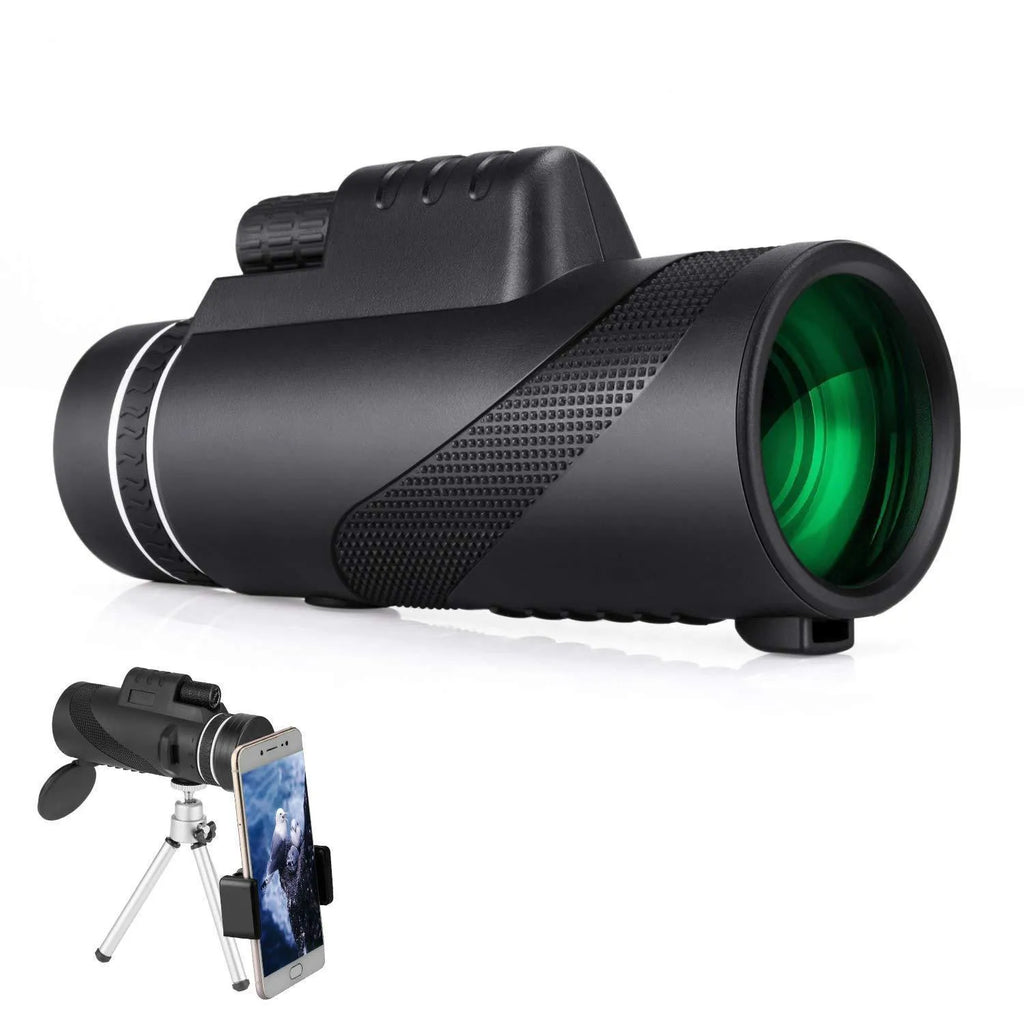 Black HD 40x60 cellphone telescope monocular with 40x magnification shown next to a smartphone.