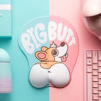 Cute 3D corgi butt mouse pad with raised wrist cushion on a desk