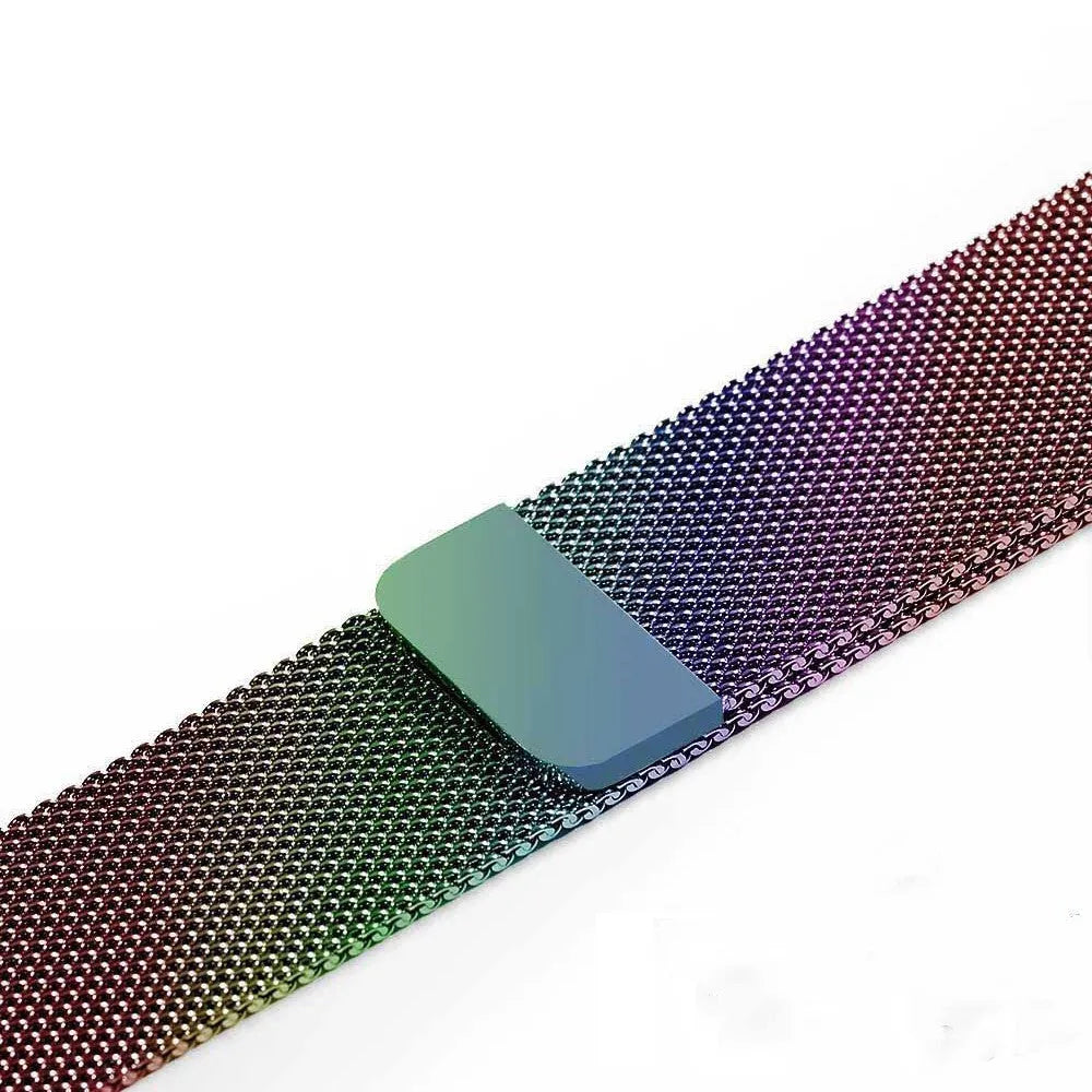 Stainless steel watch strap in silver, shown next to black, gold, and rose gold colour options.