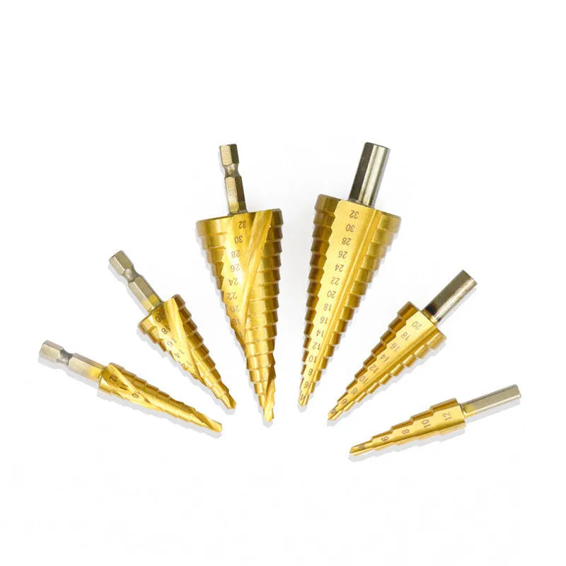 High speed steel cone step drill bit and centre punch set in six colour options for metalworking