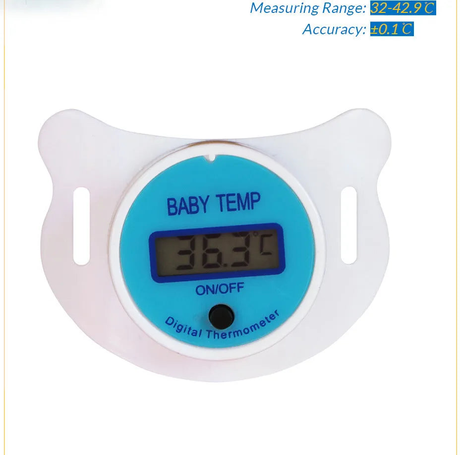 Blue and pink digital baby pacifier thermometers showing LCD temperature display