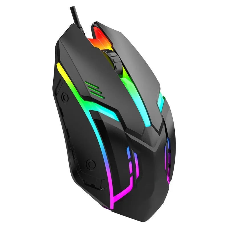 Black e-sports weighted wired mouse with USB cable on flat surface