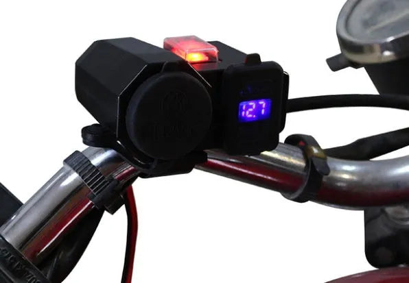 Motorcycle USB waterproof car charger with dual ports voltmeter and cigarette lighter black
