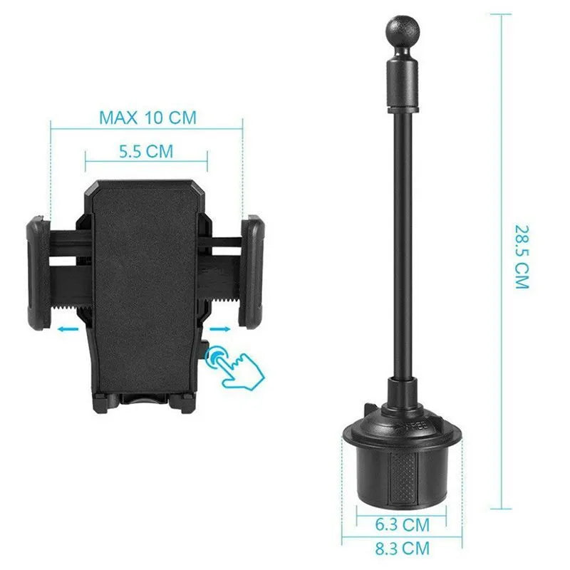 Black universal car phone mount bracket with adjustable side handles shown mounted on a car vent
