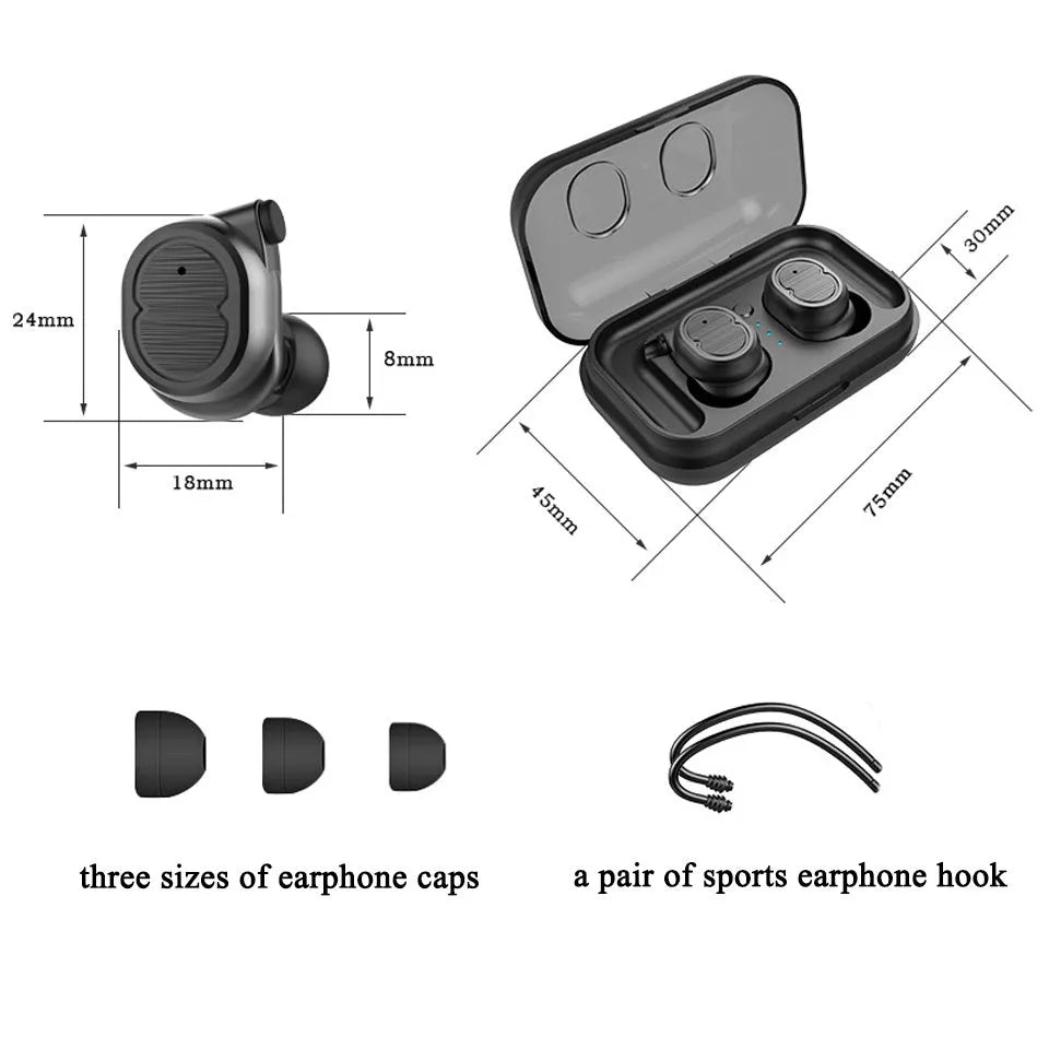 Touch control wireless Bluetooth earbuds in black, white, red, and blue colours showing earbud design.