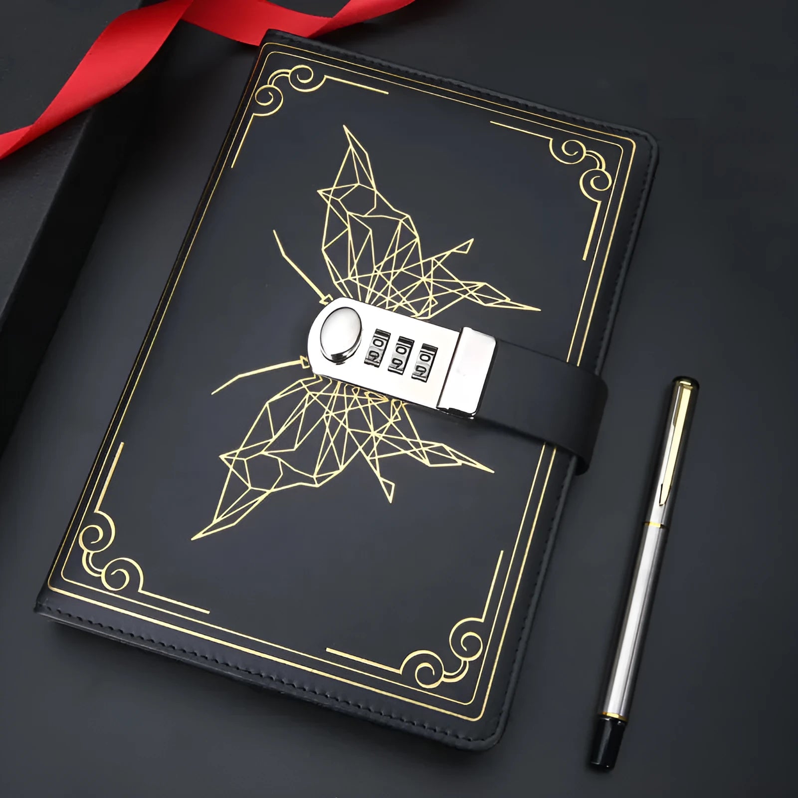 Retro butterfly PU notebook with password lock in black, A5 size