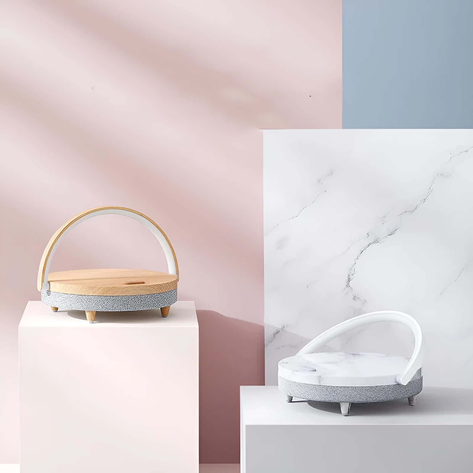 White marble pattern wireless charging bedside lamp with Bluetooth speaker and integrated mobile phone holder
