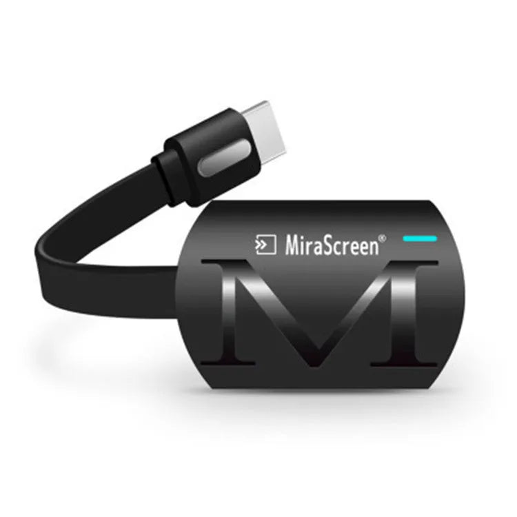Small black USB TV dongle for HDMI smartphone screen mirroring and HD video playback.
