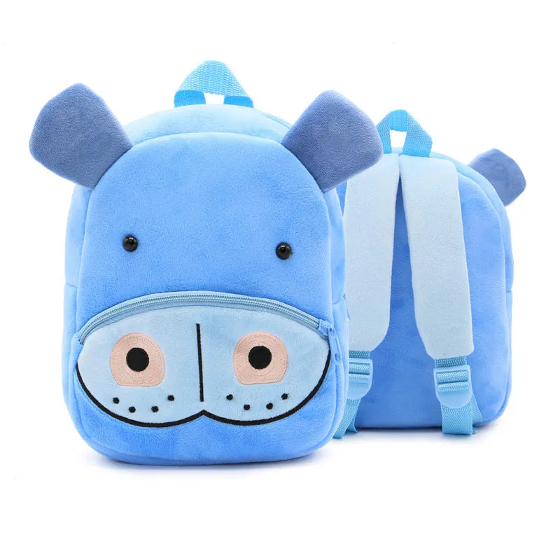 Children's plush animal backpack measuring 26x24x10cm with zipper opening and interior pocket