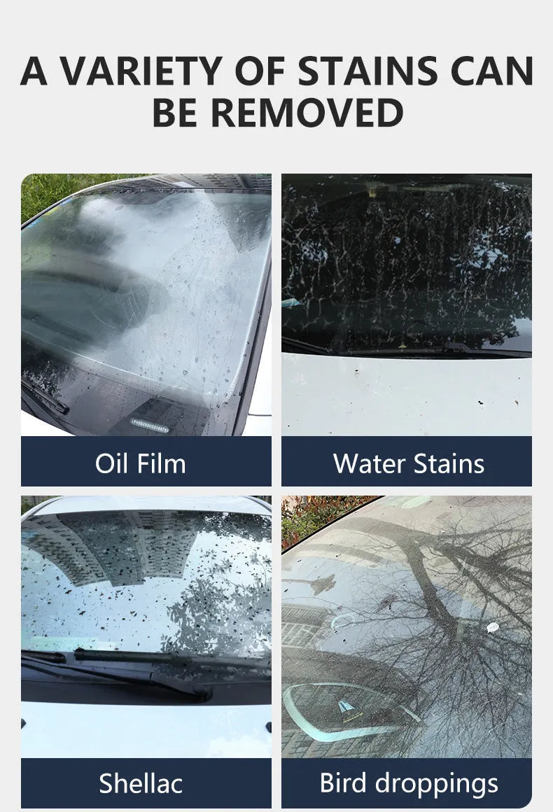 Glass Oil Film Remover cleaning cream paste container shown in 50ml, 100ml, and 200ml size options.