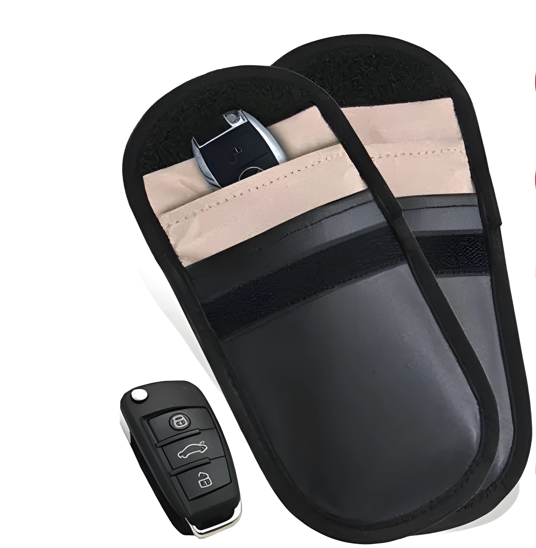 Black signal-blocking Faraday pouch for car key fobs, size 20x10 cm, lying flat on a surface