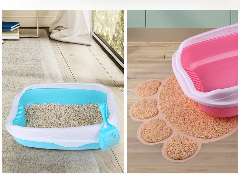 Semi enclosed thickened plastic cat litter box in blue with cat shovel, large size 46x36x17.5 cm