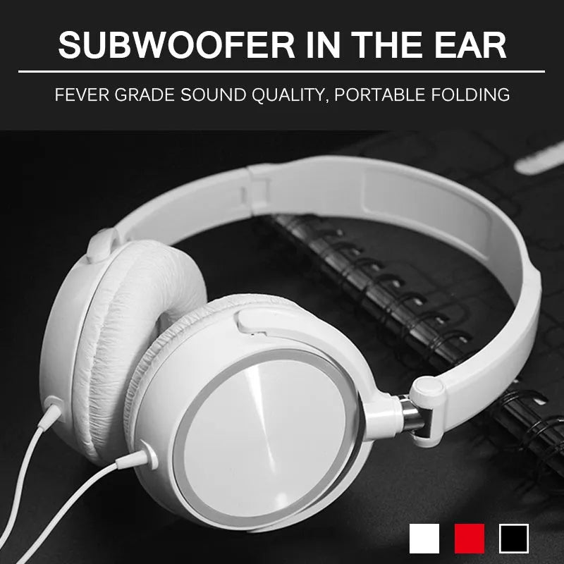 Black folding over-ear wired headphones with adjustable headband and 3.5mm plug