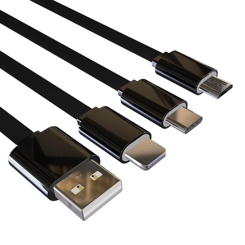 Three-in-one data cable with three split connectors, 1m length, noodle-style cable, black colour
