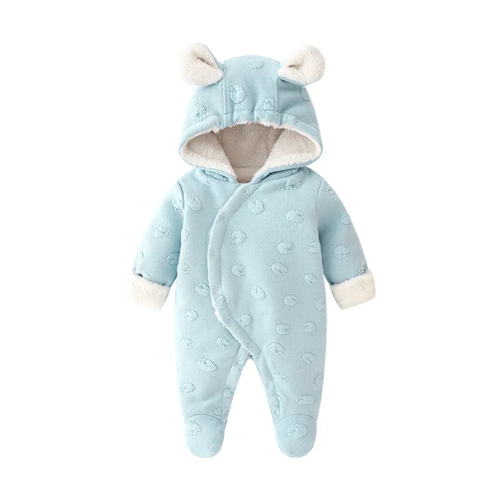 Baby wearing long sleeve princess romper with dark buckle closure in light blue colour