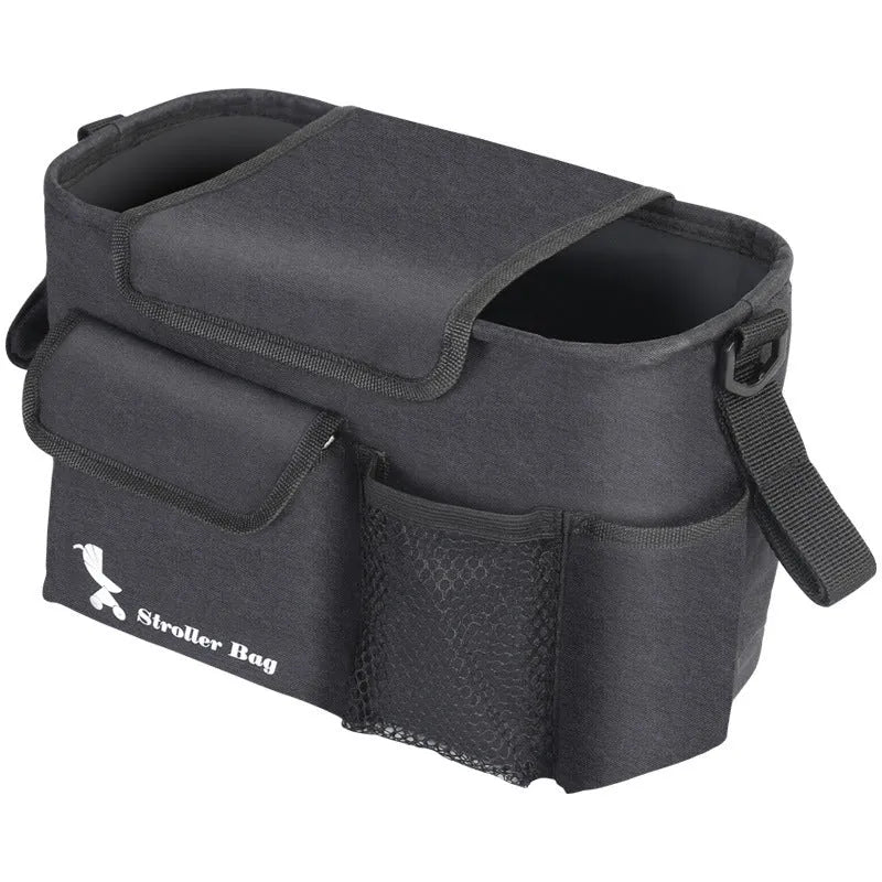 Black baby carriage bag made from 300D snowflake fabric, showing its structured shape and size.