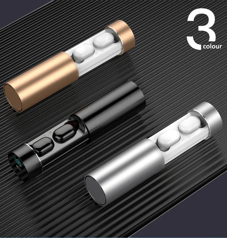 Cylinder earphone TW-A6 with charging case in black, gold, and white colours