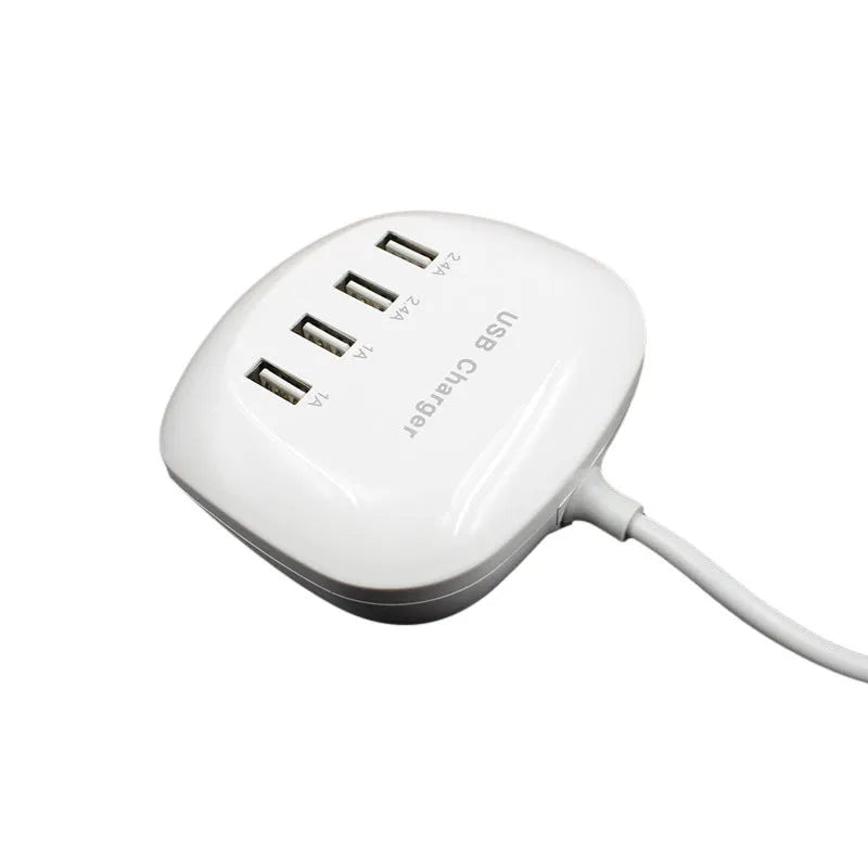 A white USB wall charger with selectable EU or US plug styles, showing the USB-A output port.