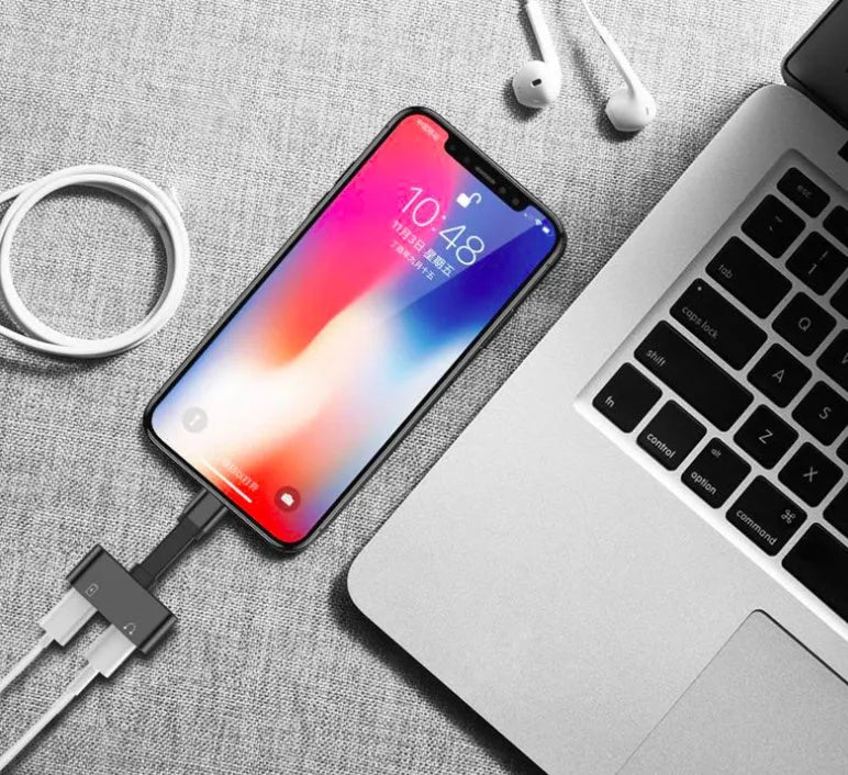 Black 2-in-1 Lightning adapter for iPhone charging and headphone use