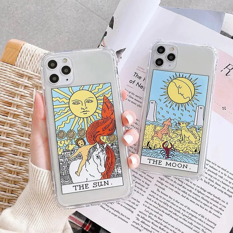 Creative Mythology graffiti cartoon design iPhone case in Sun colour next to Moon colour option.