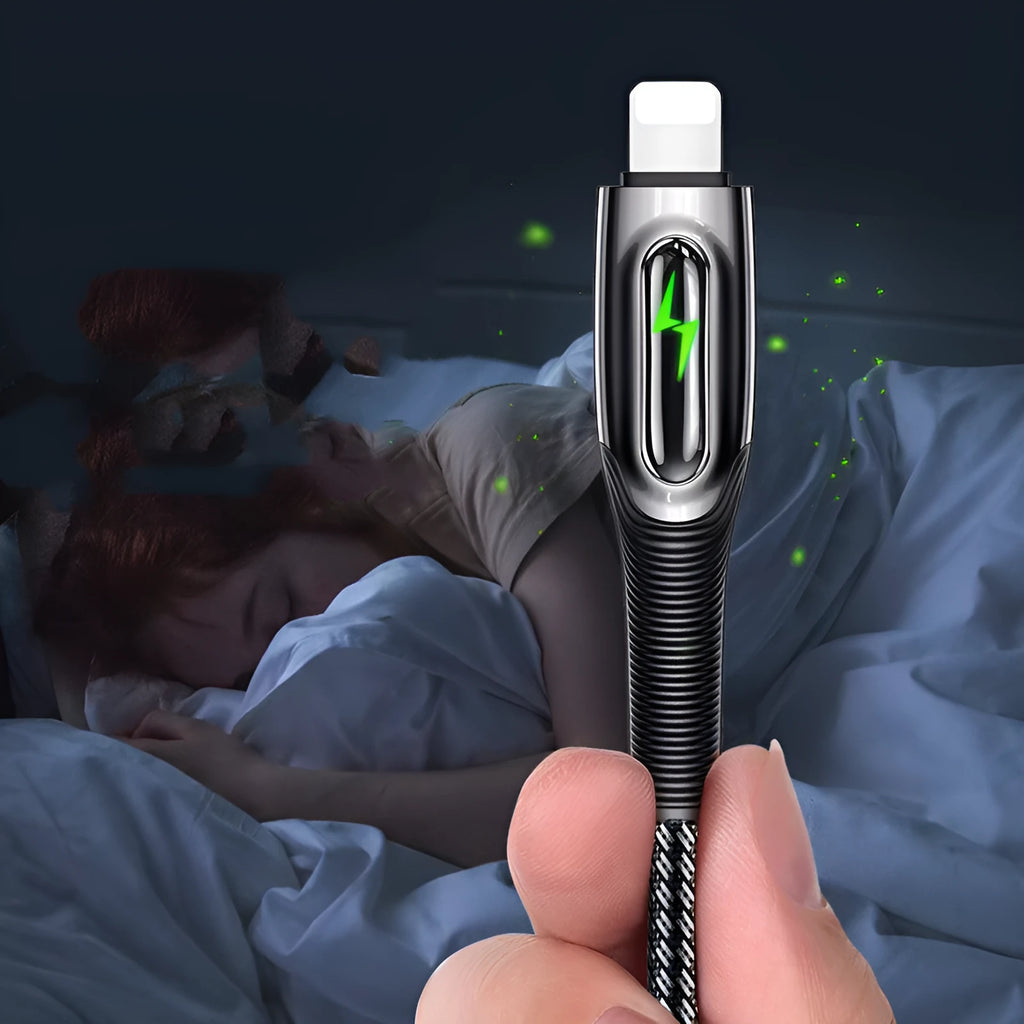 Black braided Lightning cable with zinc alloy connector for iPhone, shown with smart power-off feature.