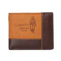 Soft brown cowhide men's wallet open, showing card slots, bill compartment, and zippered coin section with contrast stitching.