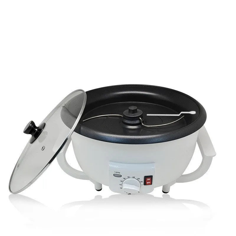 White oblate-shaped home coffee bean roaster with 750g capacity and 225mm pot base.