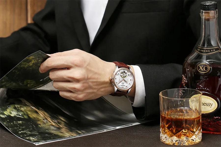 Automatic hollow tourbillon mechanical watch for men round alloy case 42mm dial leather band