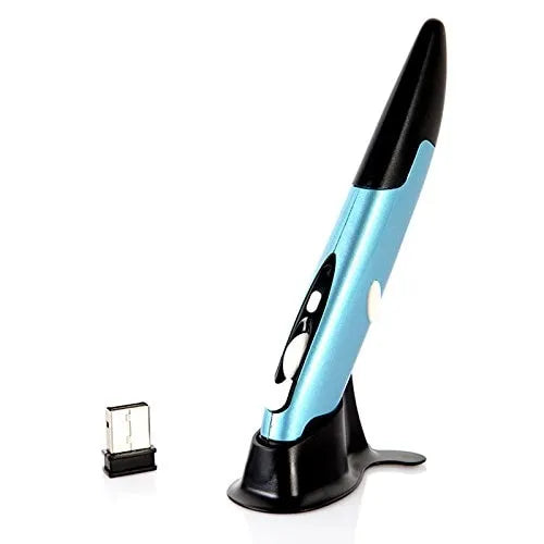 Wireless optical pen mouse in a pen shape with 2.4 GHz USB receiver and support stand, available in Blue, Gray, or Red