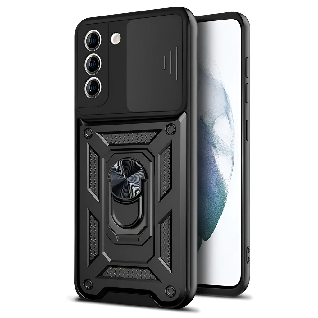 Samsung Sergeant Push Window Bracket Ring Phone Case in black and blue with geometric design