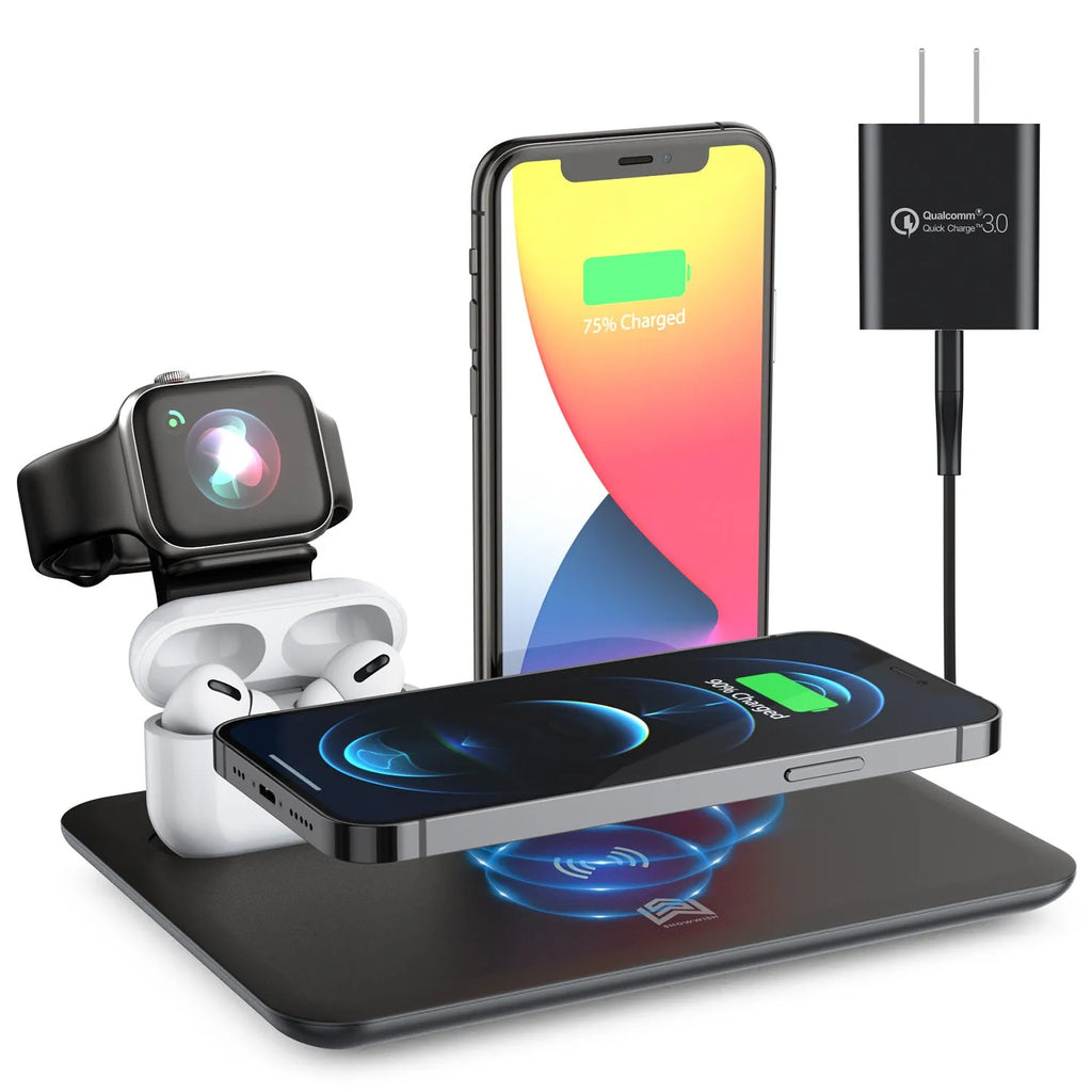 Black desktop charging hub showing wireless phone pad, USB port, watch port, and headphone charging dock.