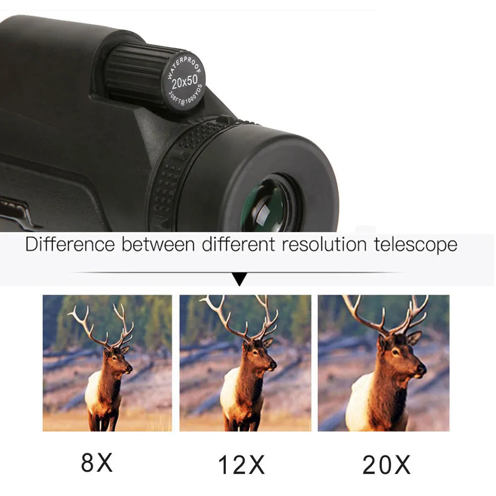 Black 20x50 monocular telescope with 12x magnification for outdoor observation