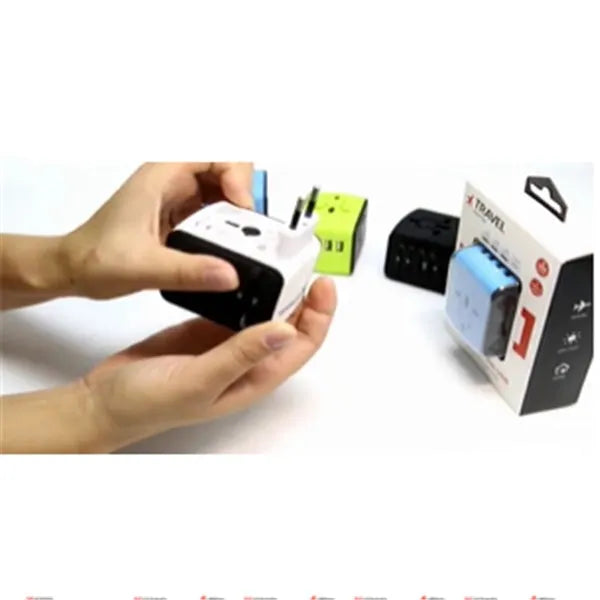 Universal travel adapter multi-function socket with USB Type C, black colour, 66x53x52mm, for 160 plus countries