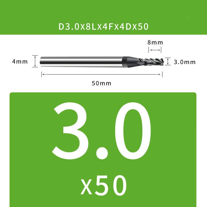 Tungsten steel 4-blade end mill with 35° helix angle showing cutting edges and dimensional specifications
