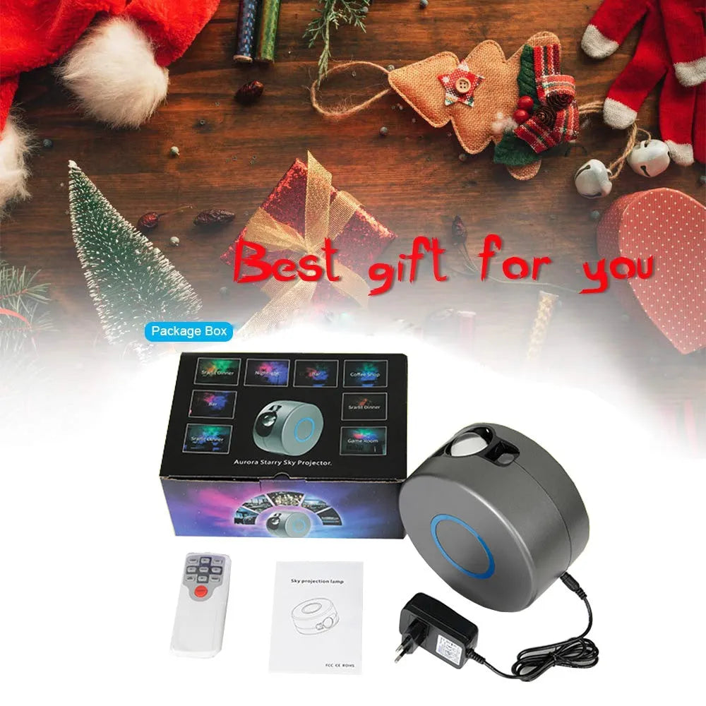 Galaxy starry sky projector rotating with 7 colours on a shelf, remote control next to it