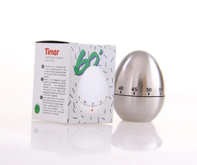 Stainless steel egg-shaped mechanical kitchen timer with dial showing 60-minute range