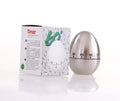 Stainless steel egg-shaped mechanical kitchen timer with dial showing 60-minute range