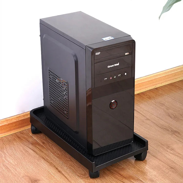Orico black steel CPU floor stand with wheels holding a desktop PC tower, anti-skid pads visible