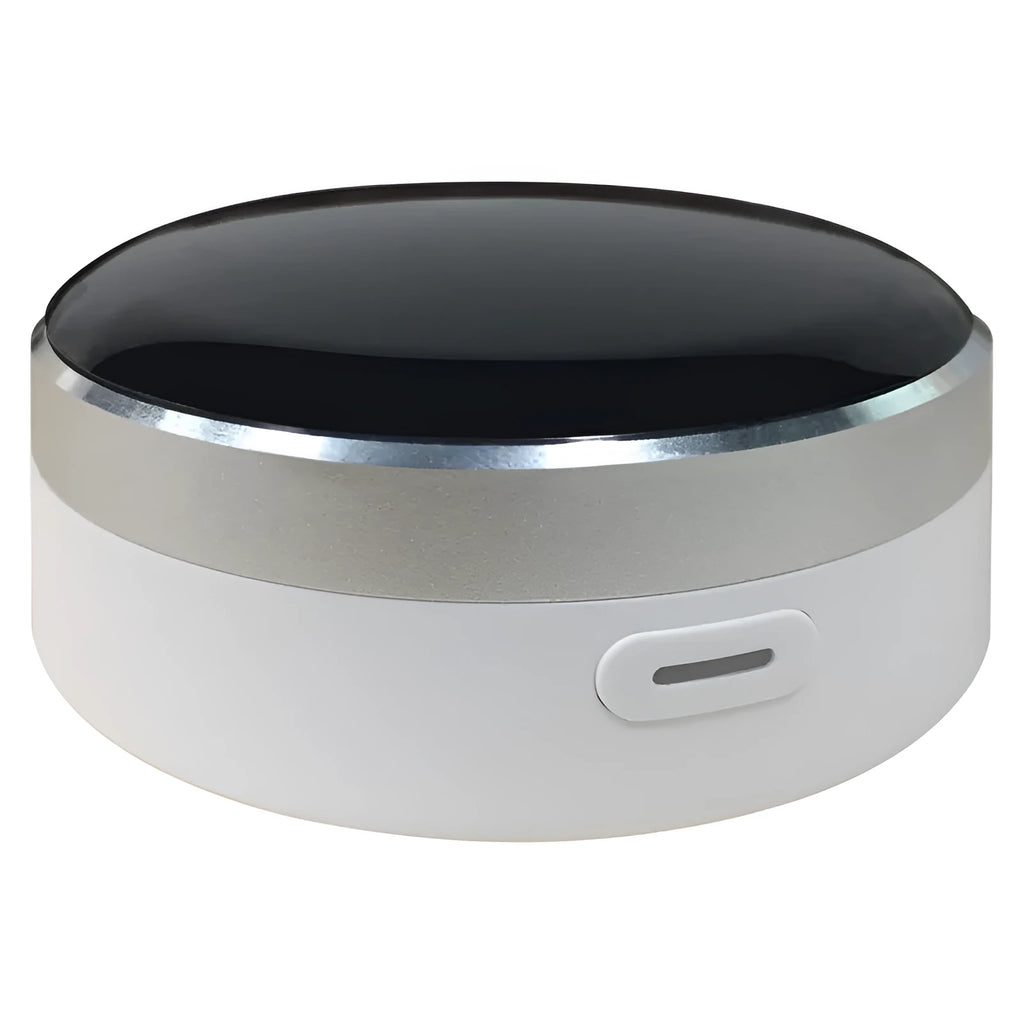 White universal remote control with infrared and RF dual-mode operation.