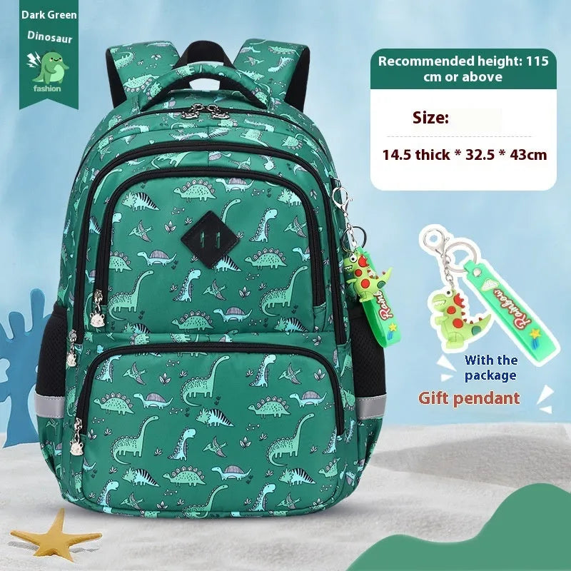 Children's waterproof school backpack with dinosaur pattern and curved shoulder straps